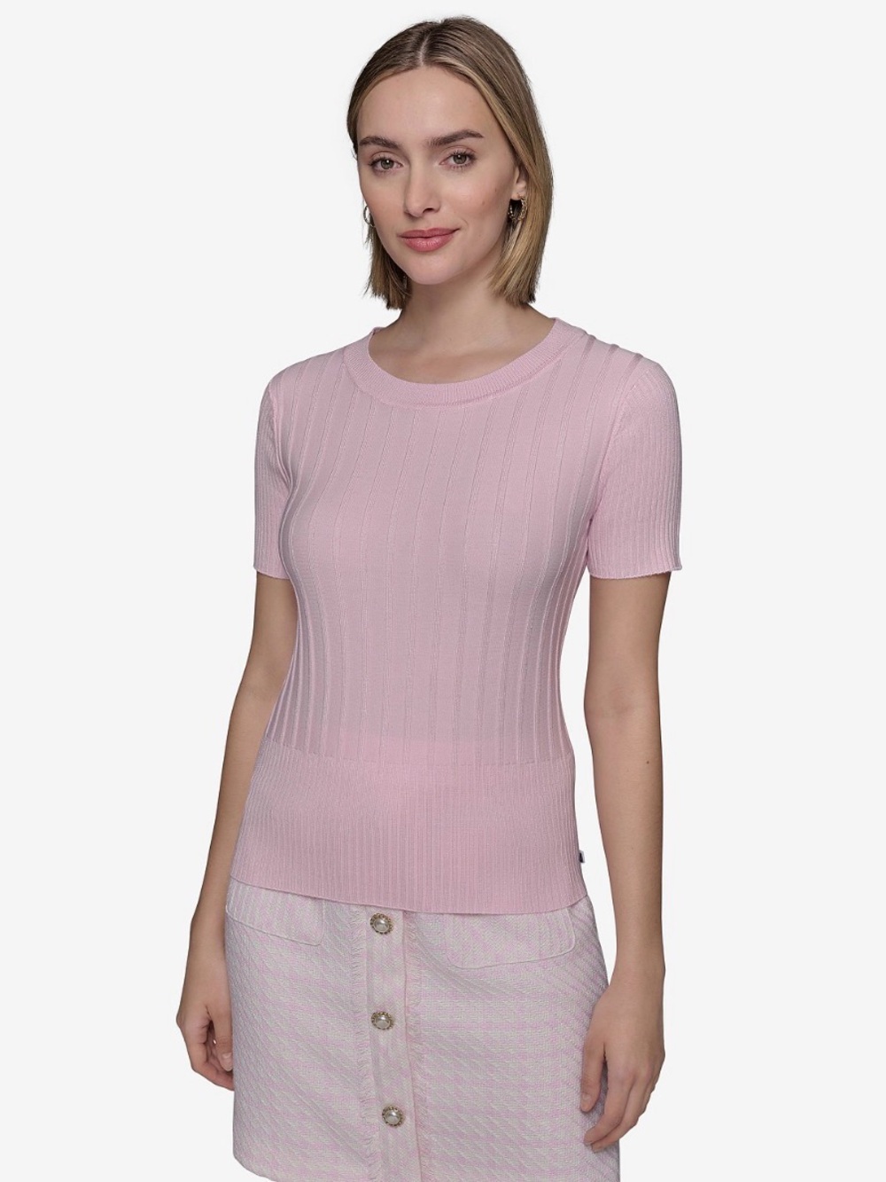 Karl Lagerfeld Light Pink Ribbed Short Sleeve Top